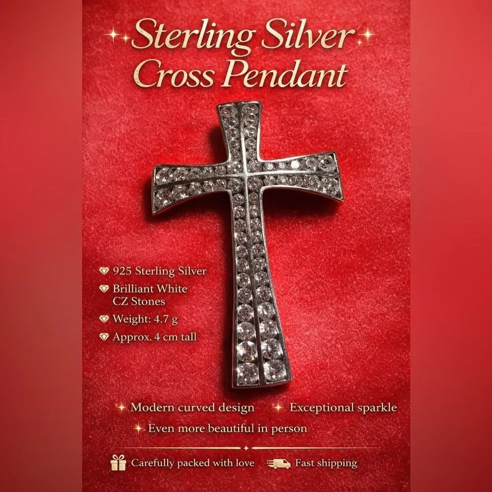 Sterling Silver 925 Cross Pendant With White CZ Stones Modern Curved Design